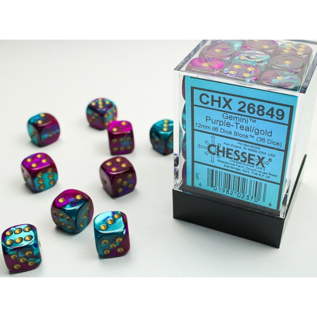 Chessex: Gemini 12mm d6 Purple-Teal/gold Dice Block (36 dados)