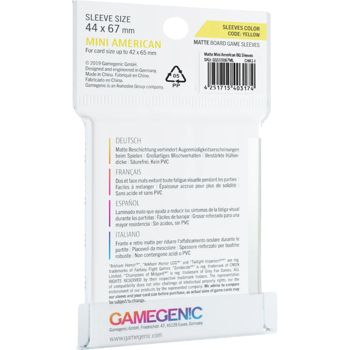 MATTE Sleeves: Mini American [Yellow] (44 x 67 mm) - GameGenic: Fundas Protectoras