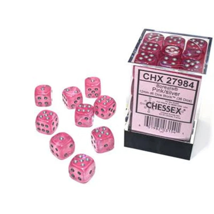 Chessex: Borealis 12mm d6 Pink/silver Luminary Dice Block (36 dados)